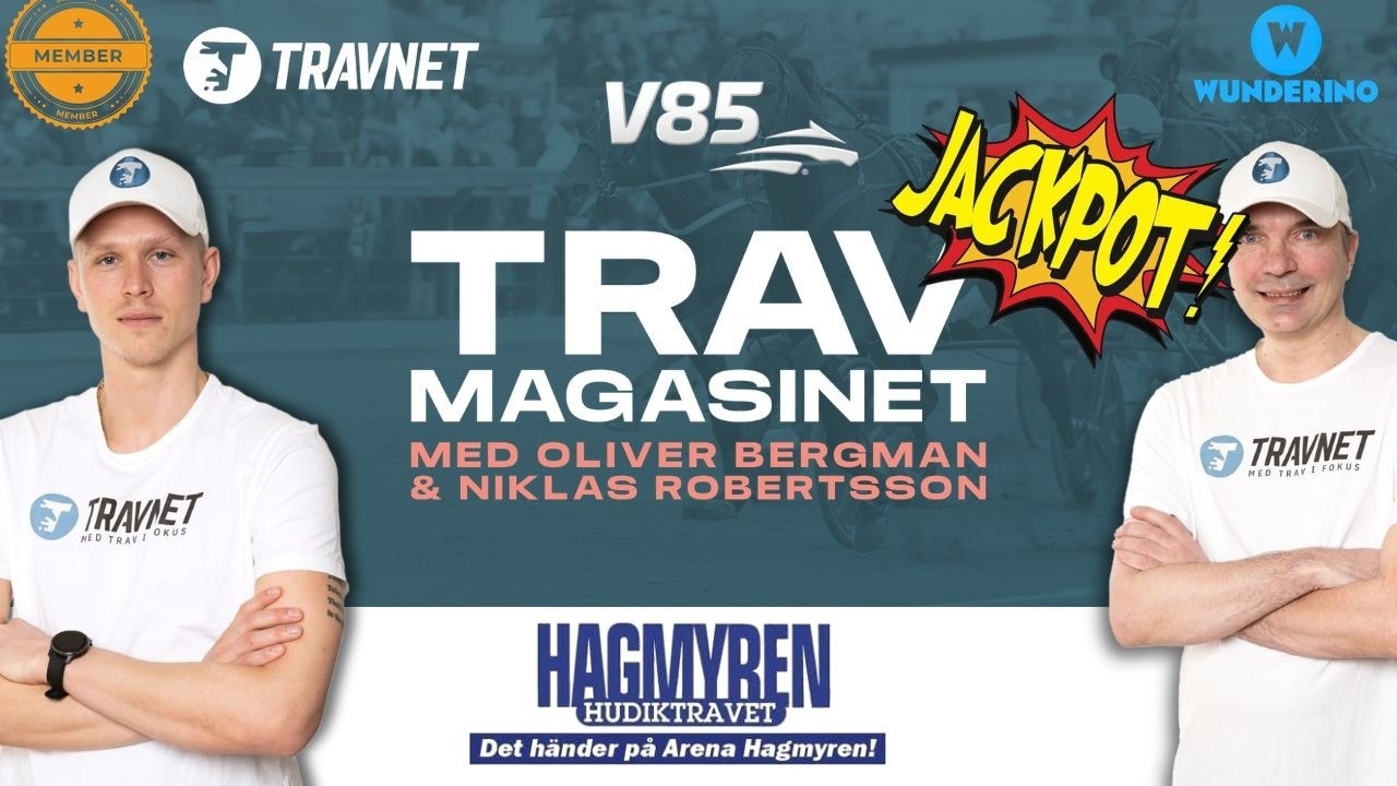 Bild för Travmagasinet med texten Jackpot, med programledarna Oliver Bergman och Niklas Robertsson, samt logotyper för Travnet, V85, Wunderino och Hagmyren.