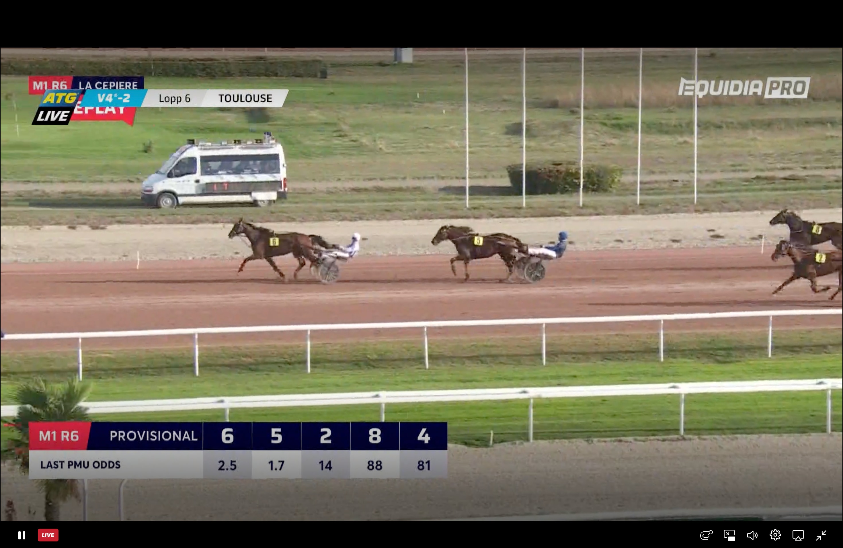 Skärmavbild från en livesänd travtävling där flera hästar med kuskar i sulkys travar på en sandbana. En skåpbil kör bakom hästarna, och längst ned visas provisoriska odds för loppet.