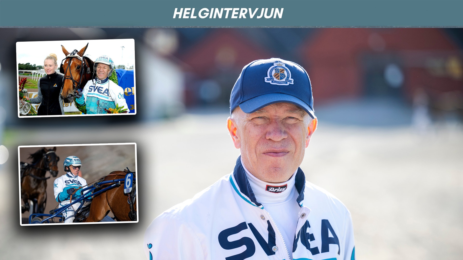 Porträttbild av en man i vit och blå ridkläder med blå keps. Han står framför en ridarena med suddig bakgrund. Två mindre bilder i övre vänstra hörnet visar honom tillsammans med hästar och andra personer.