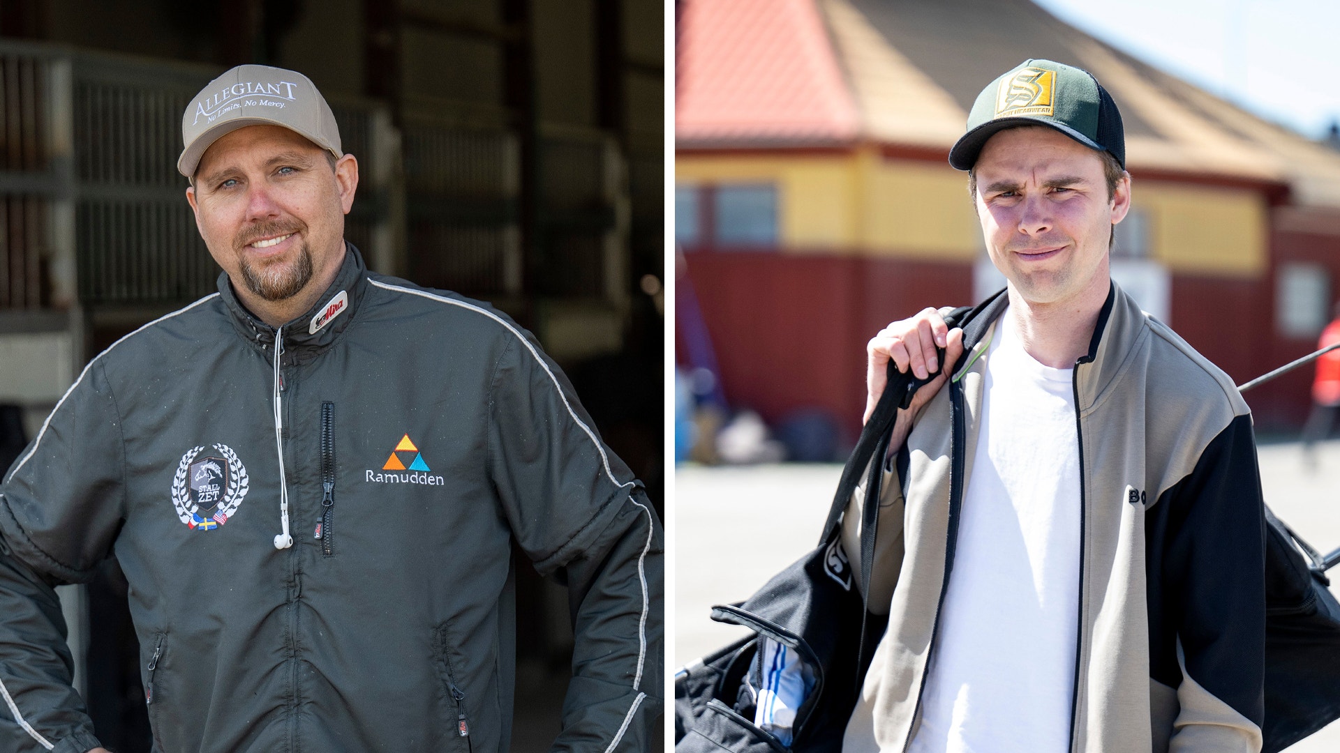 Porträttbild av två män som står sida vid sida. Båda bär kepsar och casual kläder. Mannen till vänster står framför en byggnad i en mörkgrå jacka, och mannen till höger står utomhus med en röd byggnad i bakgrunden.