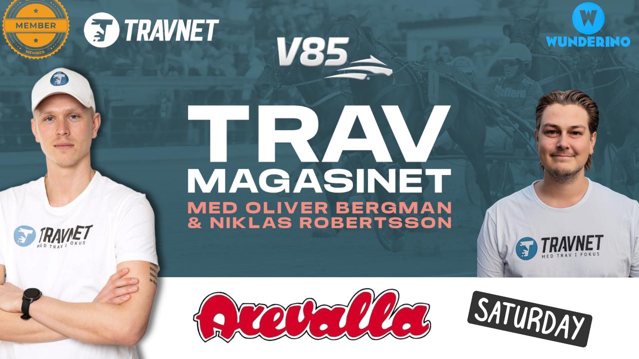 Promotionsbild för Travmagasinet, ett travrelaterat podcast eller program. Bilden visar två män i vita Travnet-tröjor mot en bakgrund med en världskarta. Programmet är värderat av Oliver Bergman och Niklas Robertsson, och sänds på Acuvalla på lördagar.