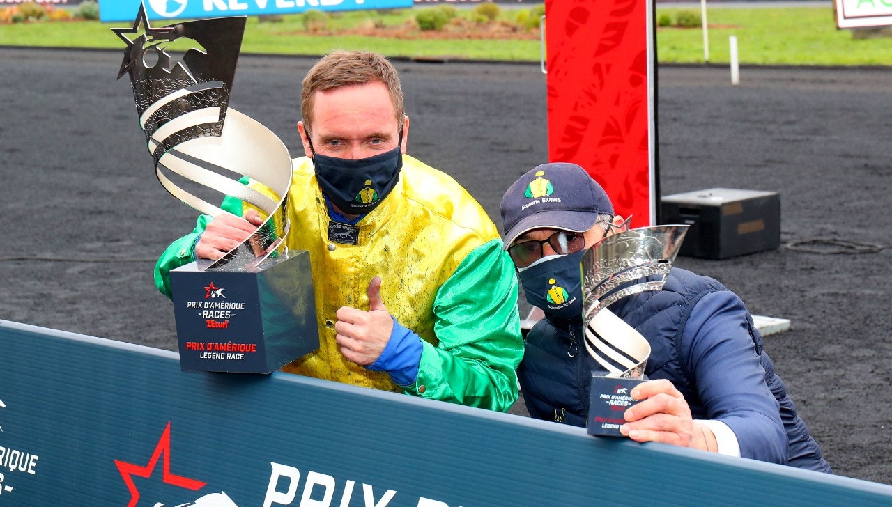 Antonio Somma och Björn Goop efter triumfen i Prix d'Amérique. Foto: Icon Sport, Scoop Dyga/Bildbyrån