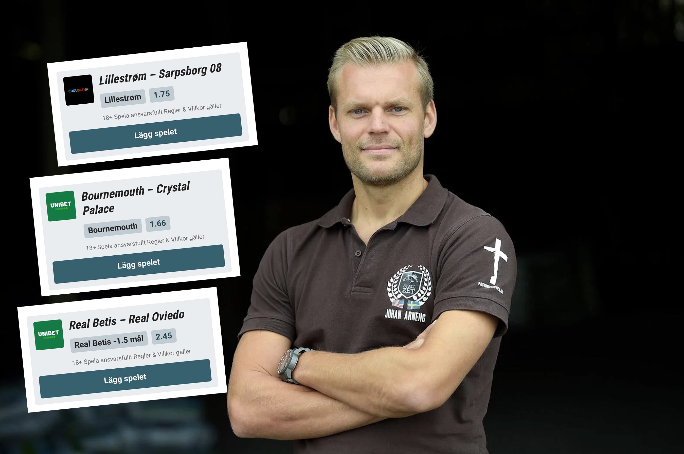 Porträttfoto av en man i mörk pikétröja med armarna i kors. Till vänster visas tre spelkort med information om olika spel.