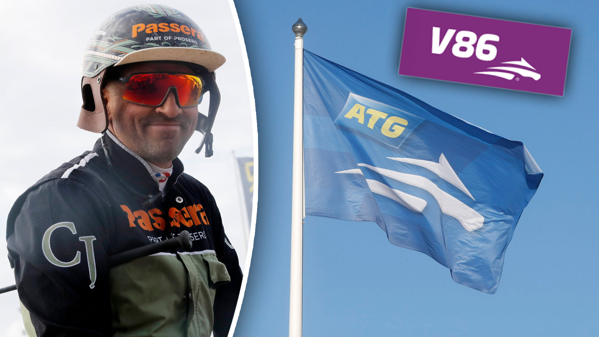 Sammansatt bild med en person i skyddshjalm och skyddsglasögon på vänster sida, och två flaggor på höger sida mot blå himmel - en blå flagga med ATG-logotyp och en lila flagga märkt V86.