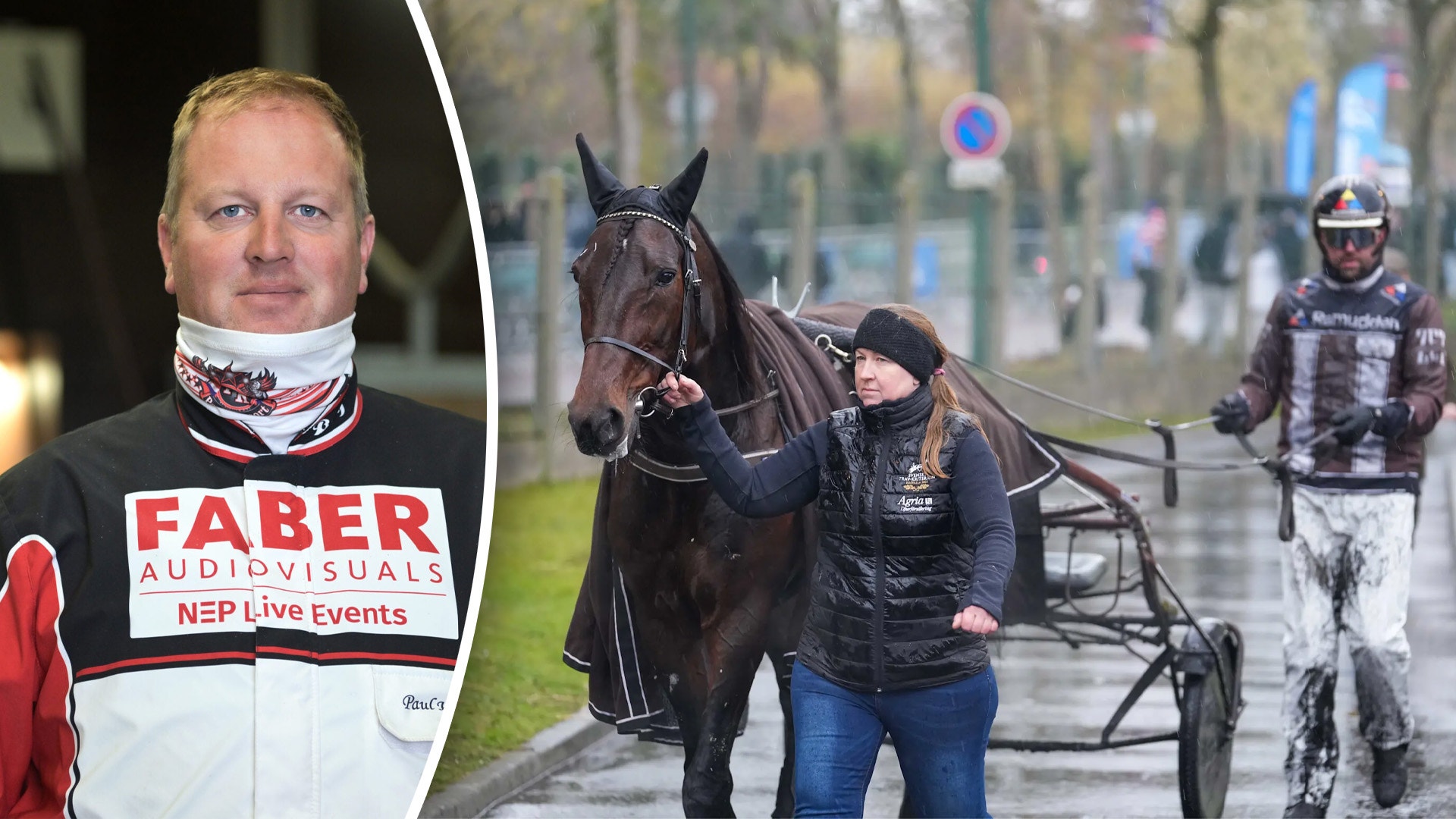 Sammansatt bild av en travkusk. Till vänster porträtt av en man i svart och vit racing-outfit med Faber Audiovisuals-logga. Till höger samma person med en svart häst och travvagn på en travbana.