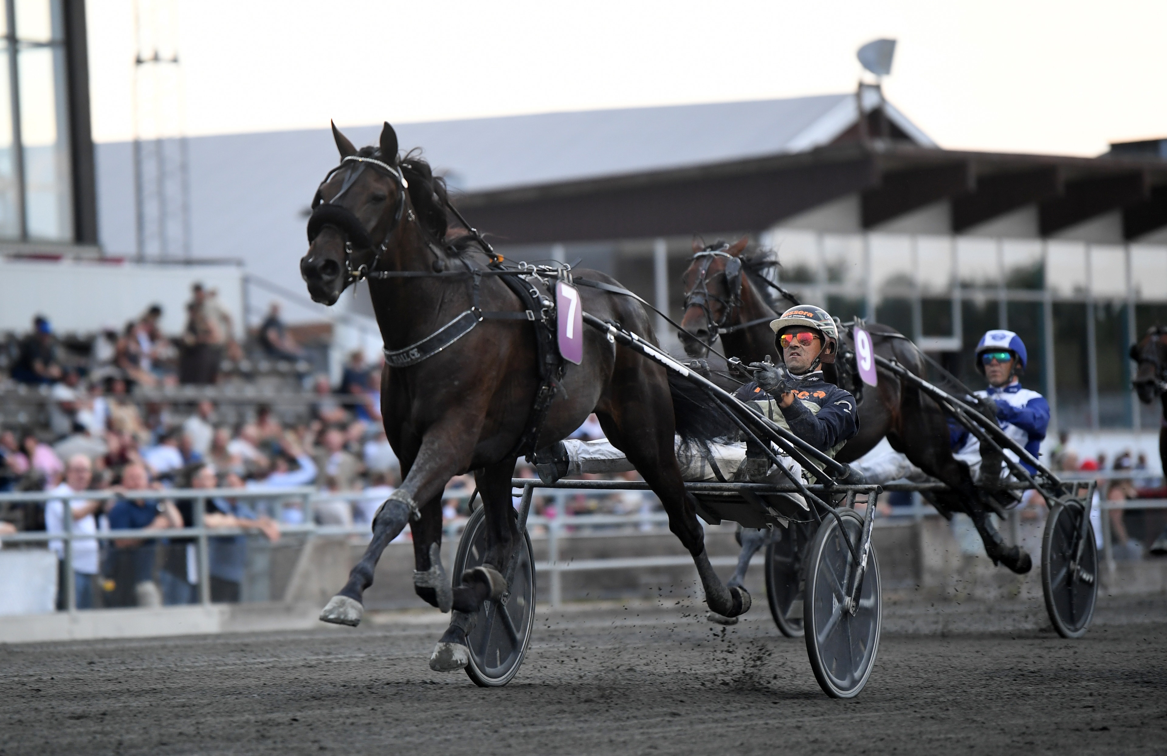 En svart häst drar en lätt vagn med kuskar under ett travlopp på en racerbana med publik i bakgrunden.