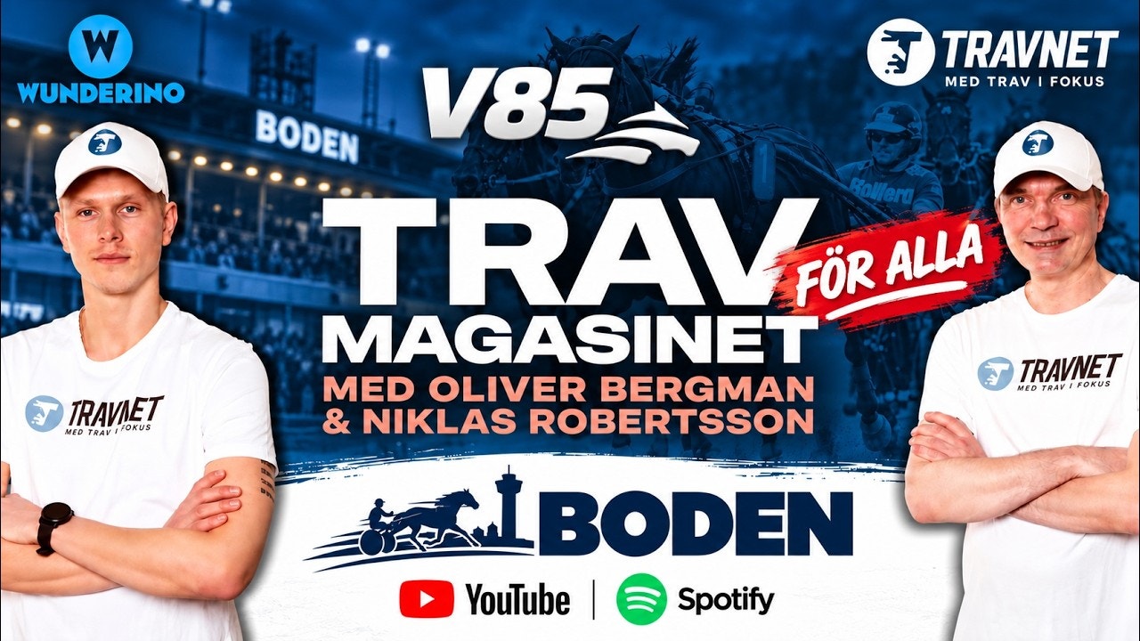 Bild för Travmagasinet med texten V85, Boden och Travnet, med två programledare i travkläder.