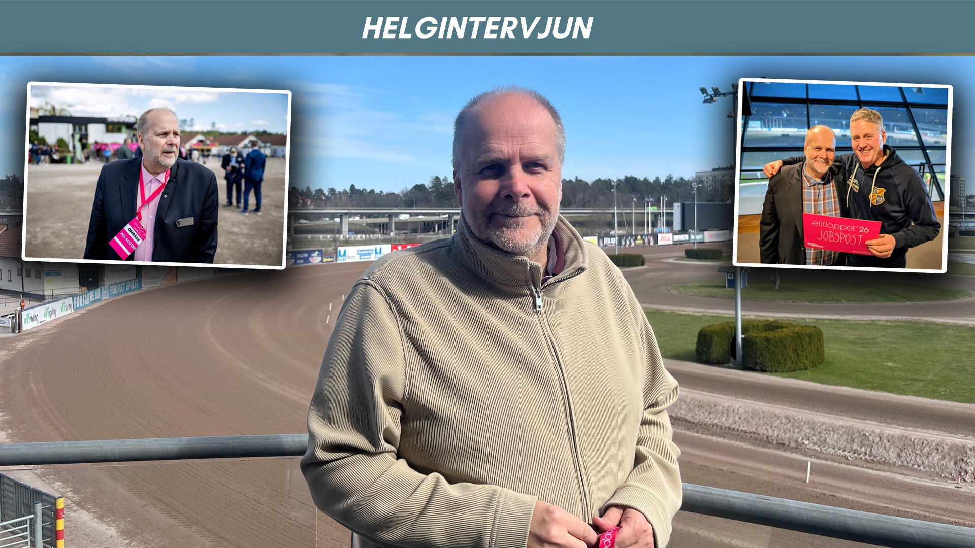 Porträtt av en man vid Helsingfors travbana. Mannen står framför banan med två mindre bilder inlagda i hörnen som visar honom i olika sammanhang.
