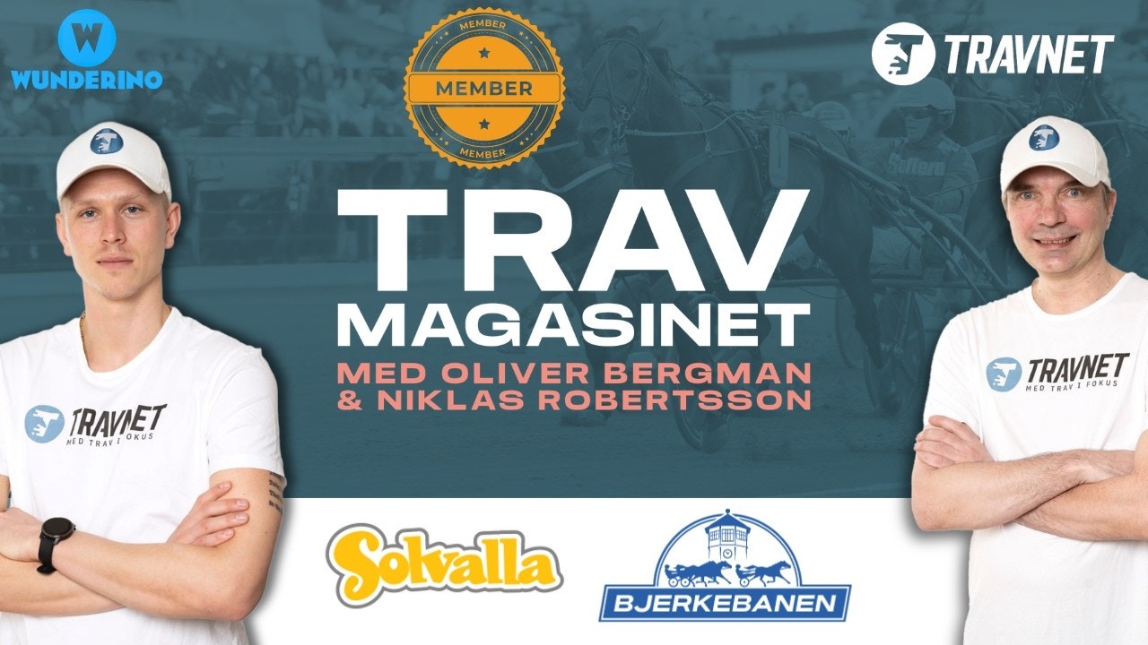 Promotionsbild för Trav Magasinet med två män i vit TRAVNET-kläder och kepsar som står på varje sida av texten. I bakgrunden syns loggor för Wunderino, Member-märke, Travnet, Solvalla och Bjerkebanen.