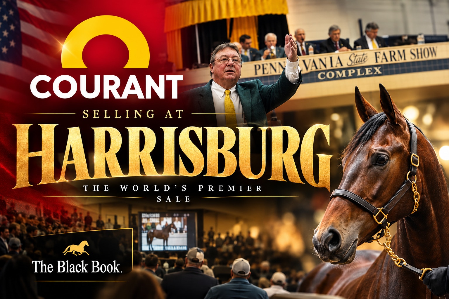 Collage från en hästauktion i Harrisburg med en auktionsförrättare i grön kavaj som pekar upp mot en läktare, en publik i bakgrunden och ett närbilds­porträtt av en brun häst med grimma. Texten lyder ”Courant – Selling at Harrisburg, the world’s premier sale”.