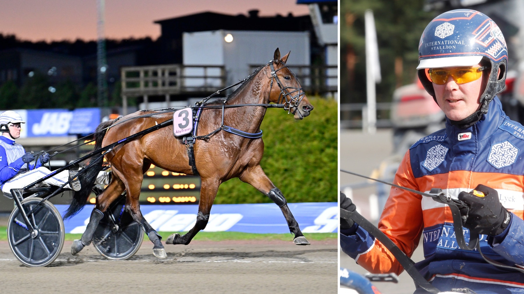 Collage med två bilder från travsport. Till vänster travar en brun häst med startnummer 3 på en bana och drar en sulky med en kusk i blå och vit klädsel. Till höger syns en närbild på kusken i hjälm, orange solglasögon och blå och orange tävlingsjacka.