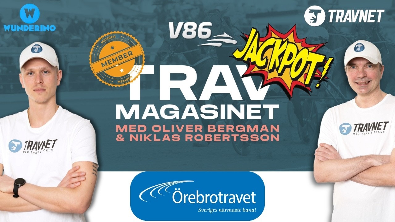 Två män i vita TRAVNET-skjortor presenterar Trav Magasinet, ett program om travspel och hästar. Bilden visar logotyper för Wunderbingo, Travnet, V86 Jackpot och Örebrotravet.