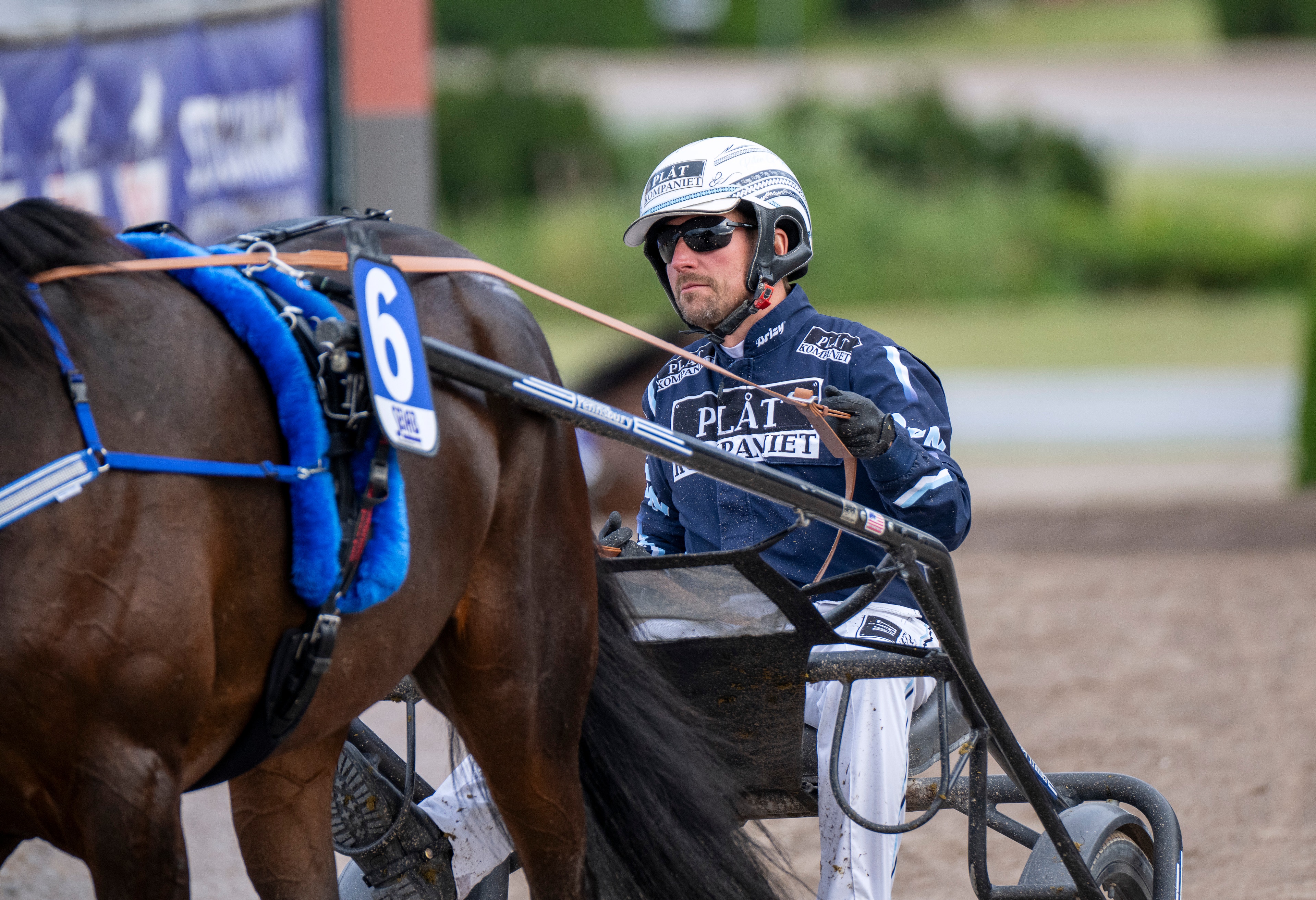 En kusk i mörkblå och vit kusktröja och vit hjälm kör en brun häst framför en vagn under ett kusksportevenemang.