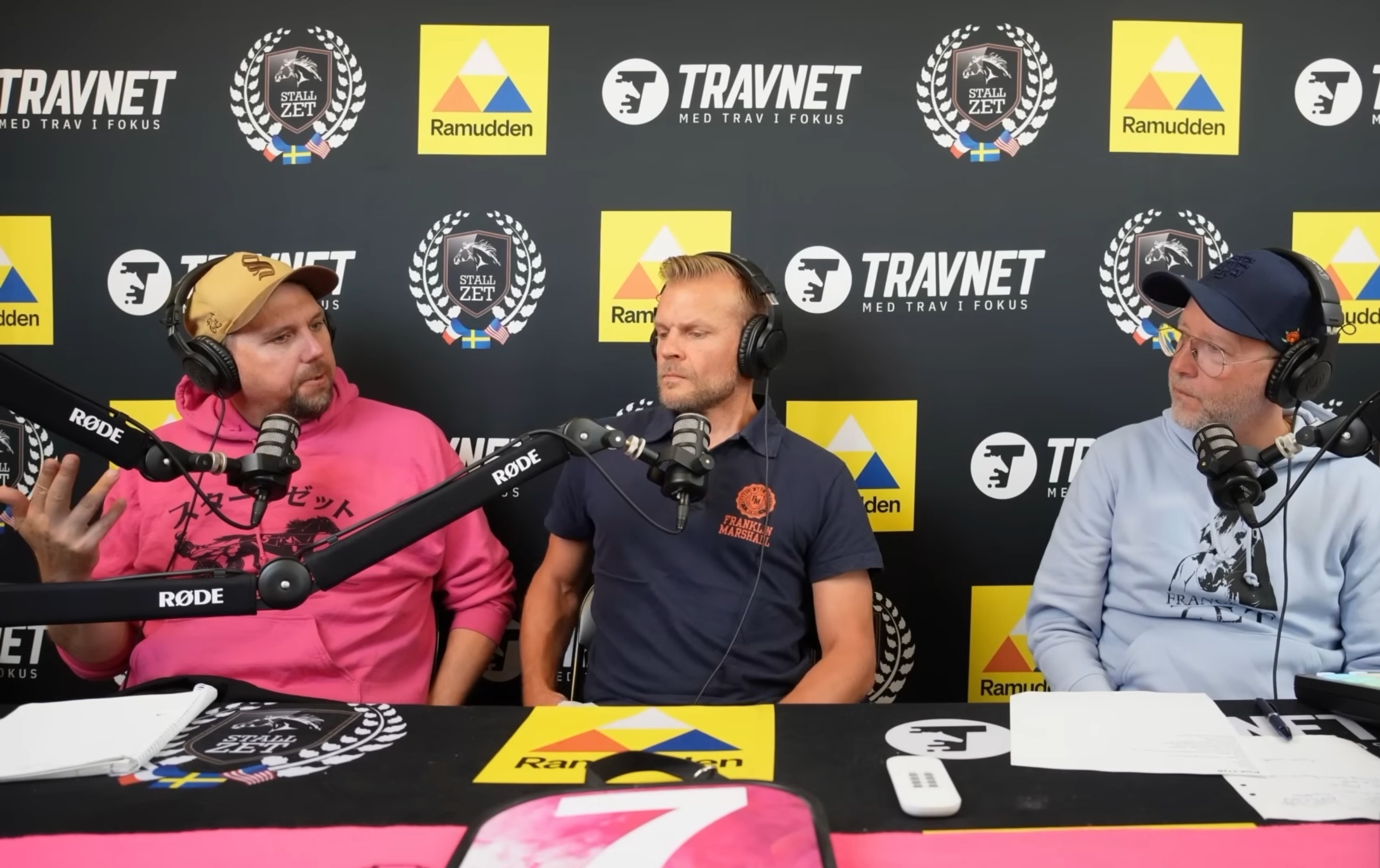 Tre personer sitter vid ett bord under en podcast- eller intervjusession med mikrofoner och headset. I bakgrunden syns sponsorlogotyper inklusive Travnet och Ramlöden.