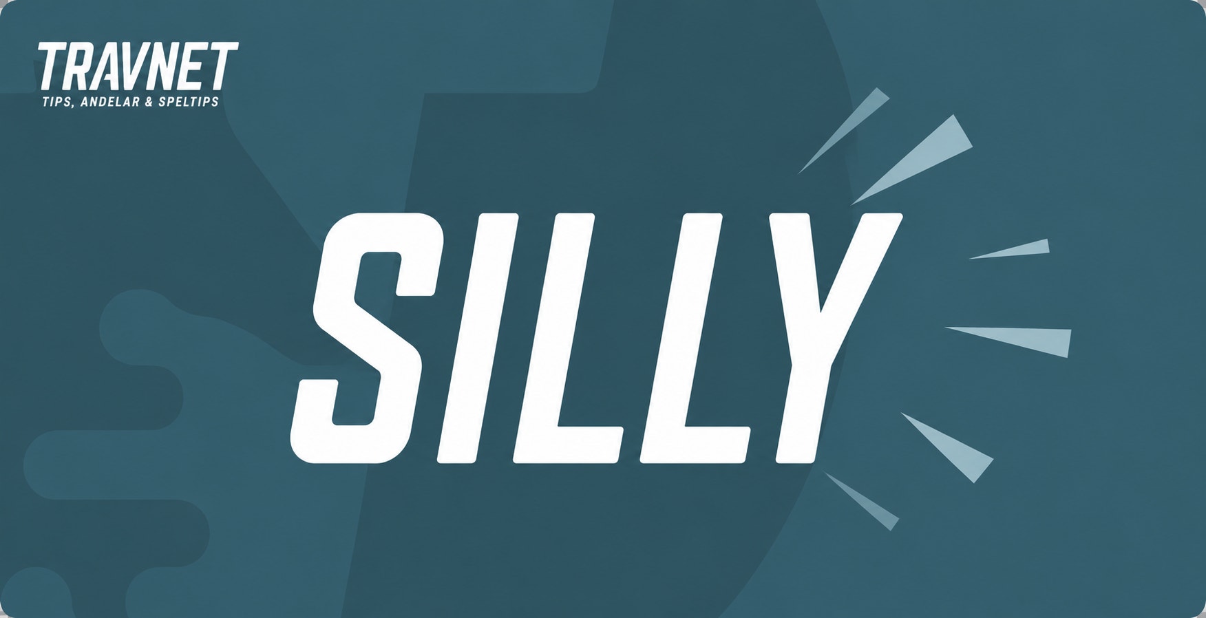 Grafisk design med Travnet-logotypen och ordet SILLY i stor vit text på mörkblå bakgrund med geometriska former.