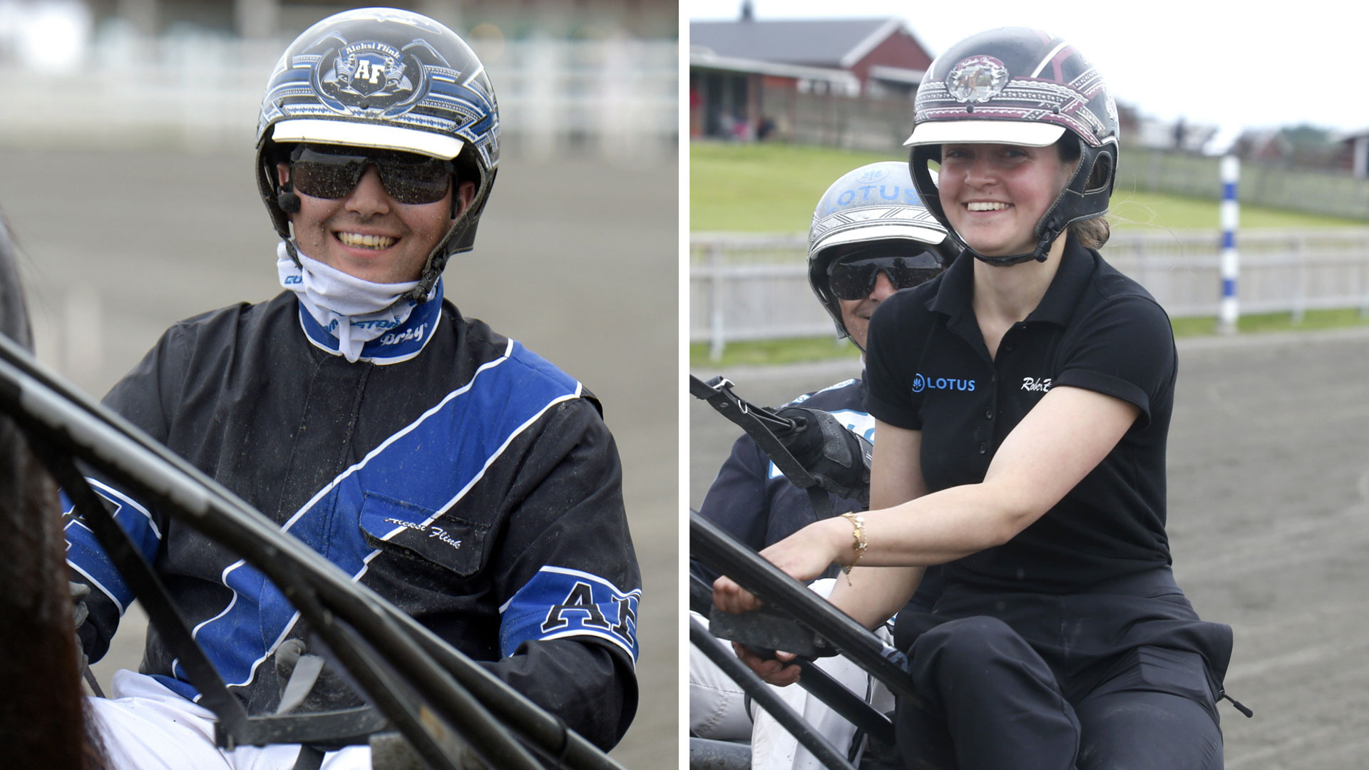 Två foton av personer i motorcykelhjälmar och sportkläder på en racerbana. De bär blå och svarta jackor med hjälmar och solglasögon.