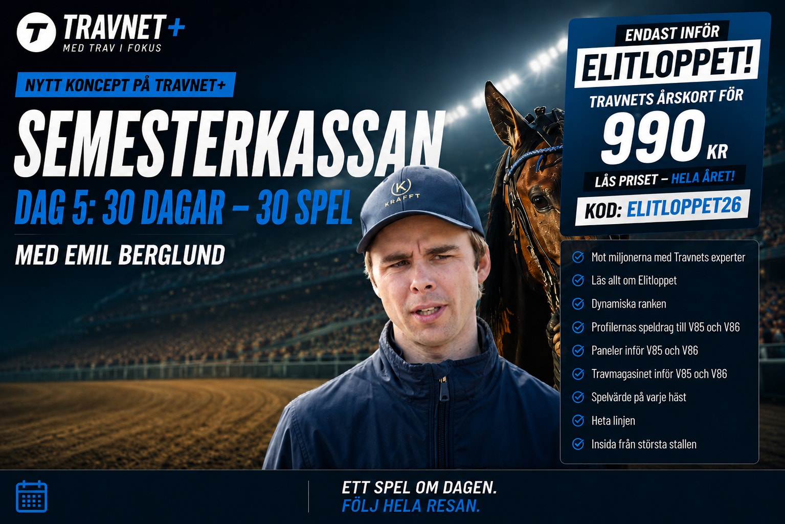 Marknadsföringsmaterial för Travnet+ som visar en man i blå keps framför ett hästhuvud. Bilden presenterar ett erbjudande om semesterkassan med rabatt på Elitloppet.