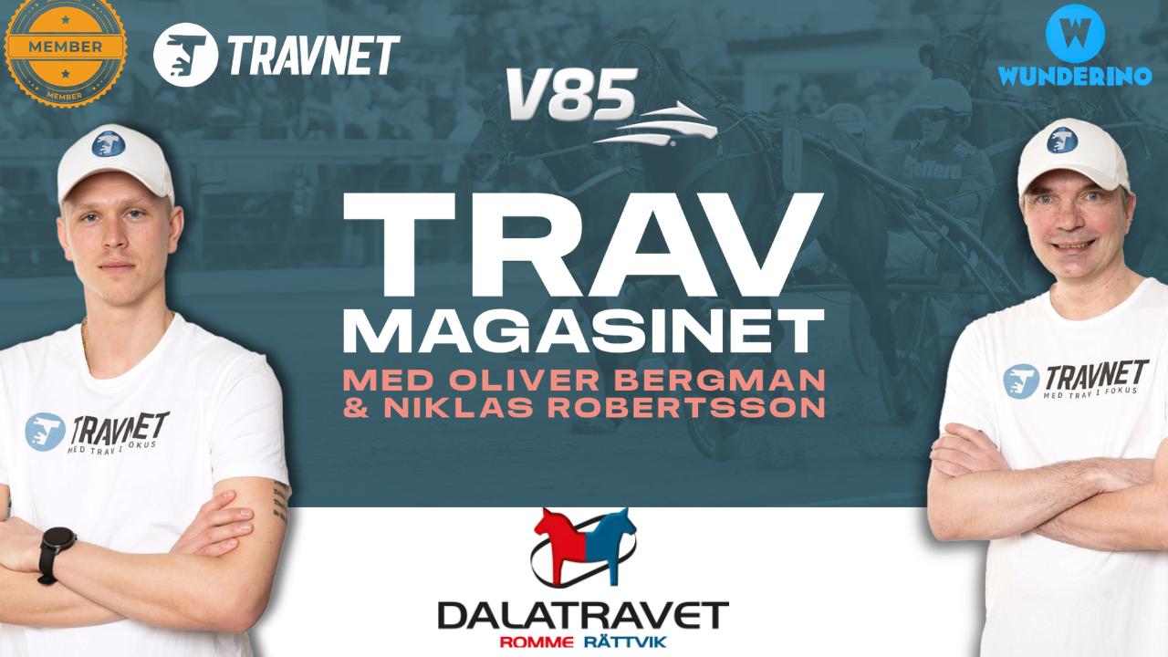 Två män i vita TRAVNET-tröjor presenterar Travmagasinet V85 med Oliver Bergman och Niklas Robertsson. Logotyper för TRAVNET, Wundring och Dalatravet syns på bilden.