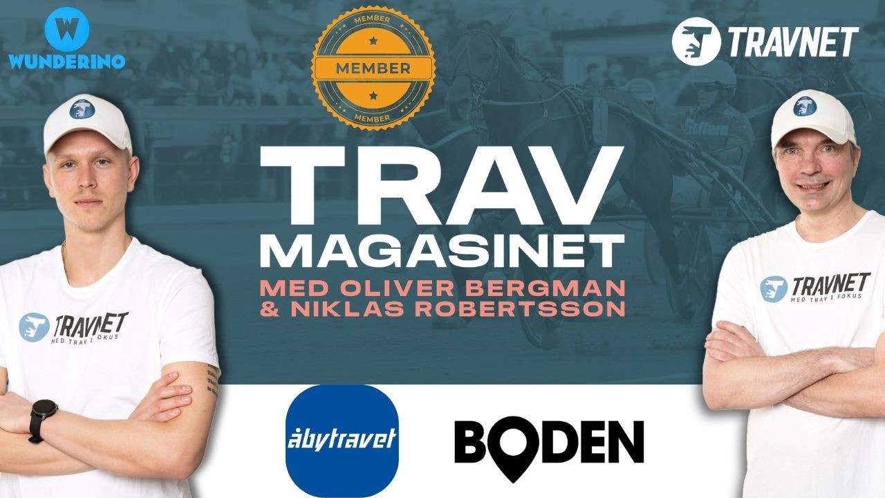 Två män i vita TRAVNET-kläder poserar vid sidan av texten "Trav Magasinet med Oliver Bergman & Niklas Robertsson". Logotyper för Wunderino, Member, Travnet, åbytraveloch Boden visas på bilden.