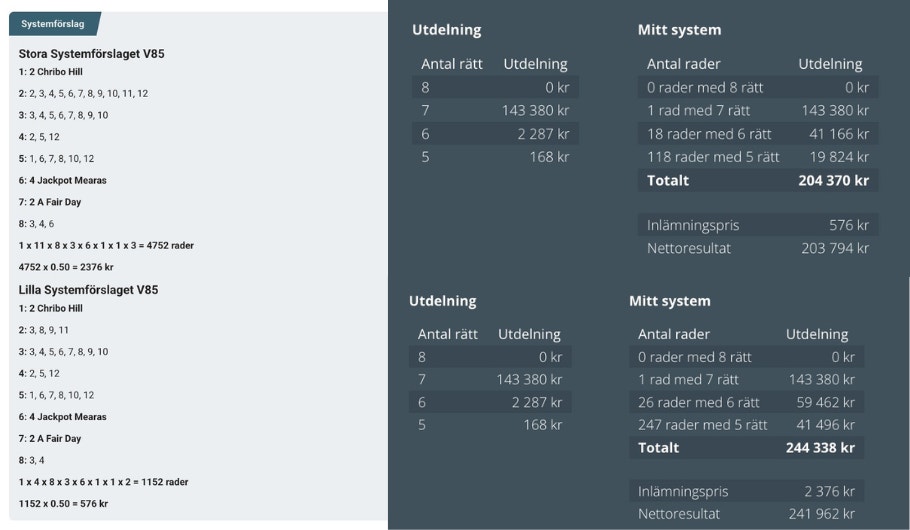 Tabell som visar priser för stora och små systemförpackningar med VBS, inklusive antal rader, raderpriser och totalkostnader för olika konfigurationer.