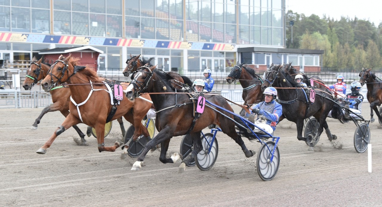 Racing Mange försvarar sig mot Conrads Rödluva och Billie de Montfort i upplösningen. Foto: Christer Norin, ALN