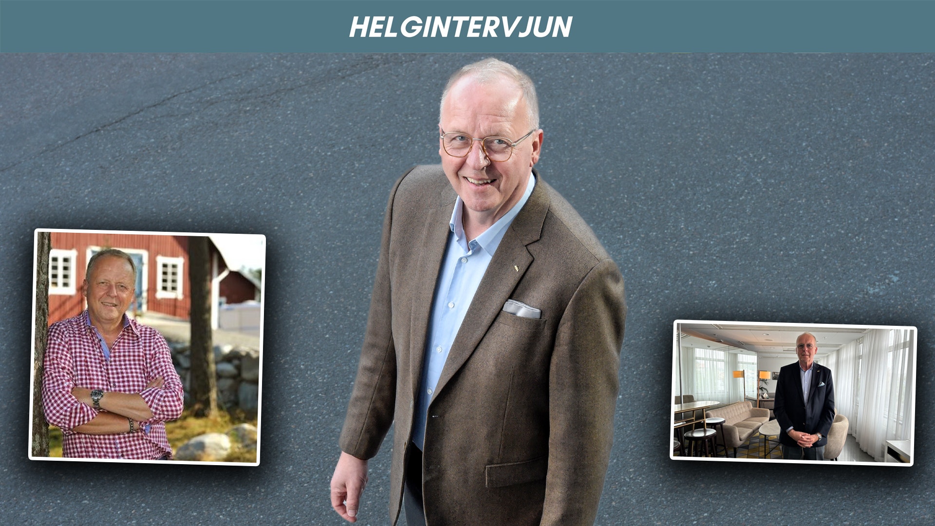 Porträttbild av Anders Källström från intervjuserien Helgintervjun. Han står framför en grå bakgrund och bär en brun kavaj över en ljusblå skjorta. Två mindre bilder visas på sidorna.