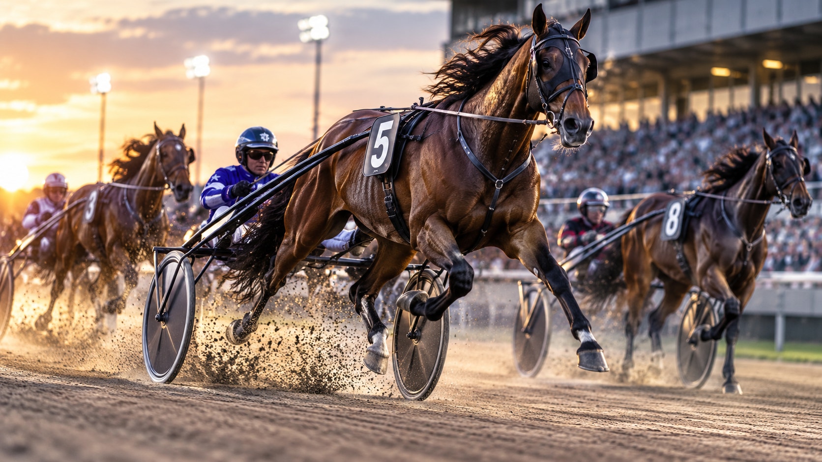 Travlopp med flera hästar och kuskar som tävlar på en sandtrack. Solen går ner i bakgrunden och publik sitter på läktaren.