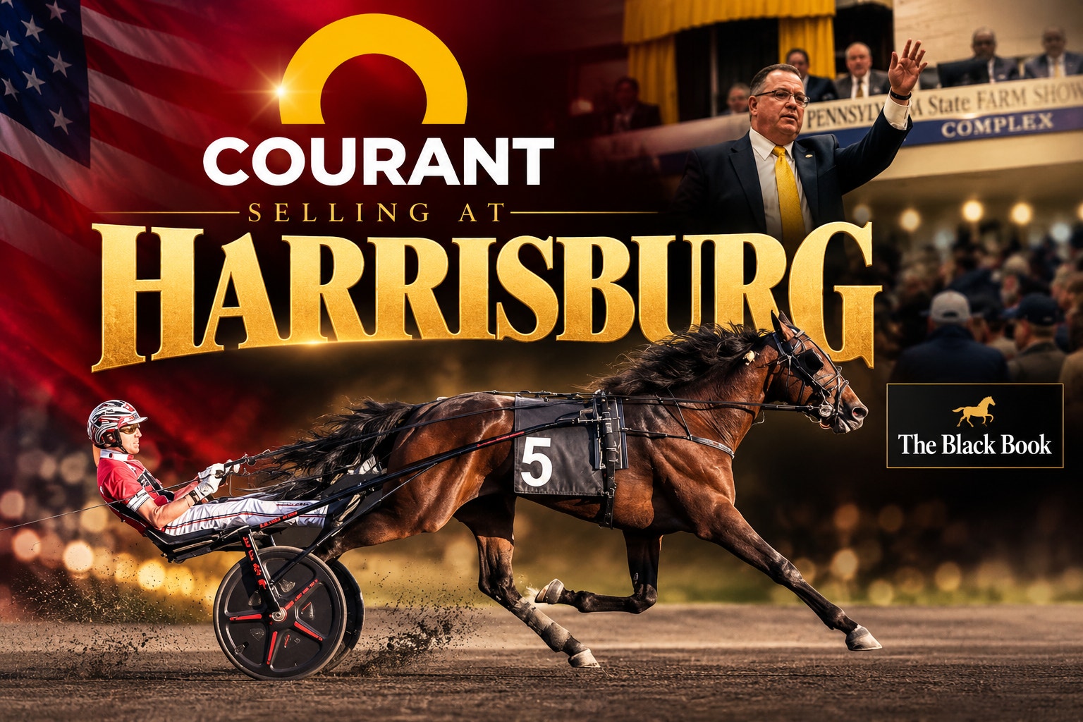 Reklambild för Courant med texten "Selling at Harrisburg". En travhäst med startnummer 5 går i galopp med kusk i röd dress, medan en man i kostym höjer handen i bakgrunden. Nere till höger syns logotypen The Black Book.