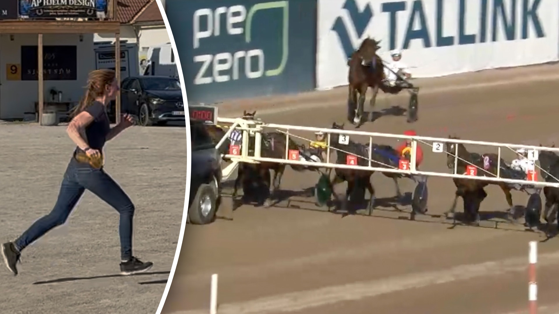Två scener från sport: en person som springer och hästar som tävlar i travkörning på en bana.
