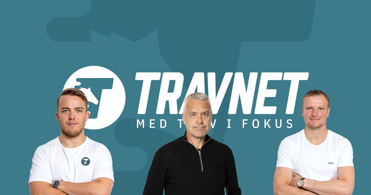 Tre män poserar framför Travnet-logotypen. De står med armarna i kors mot en blå bakgrund med företagets logotyp och text "MED FOKUS".