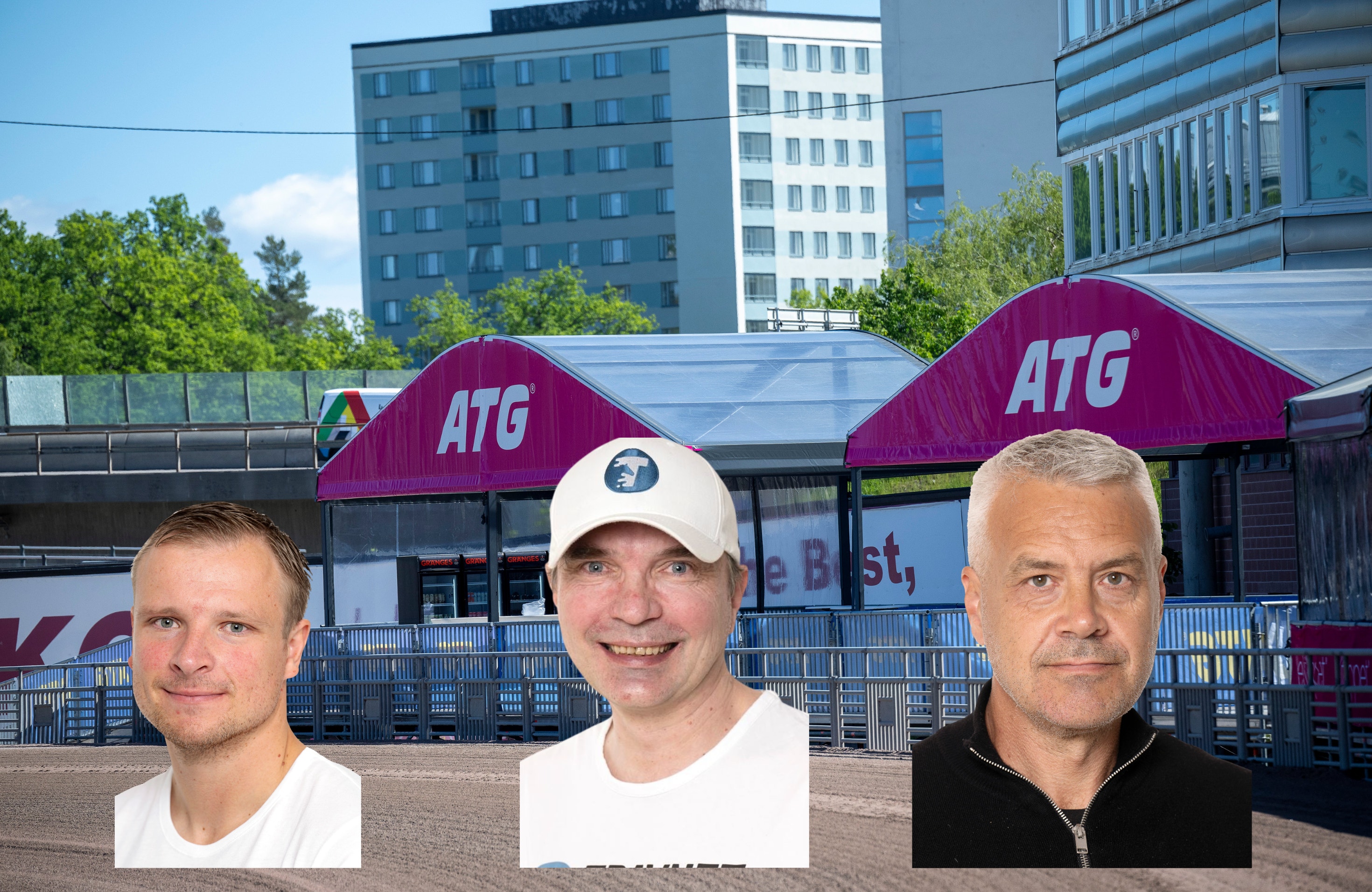 Porträtt av tre män framför en ATG-anläggning med tävlingsbana och moderna byggnader i bakgrunden.