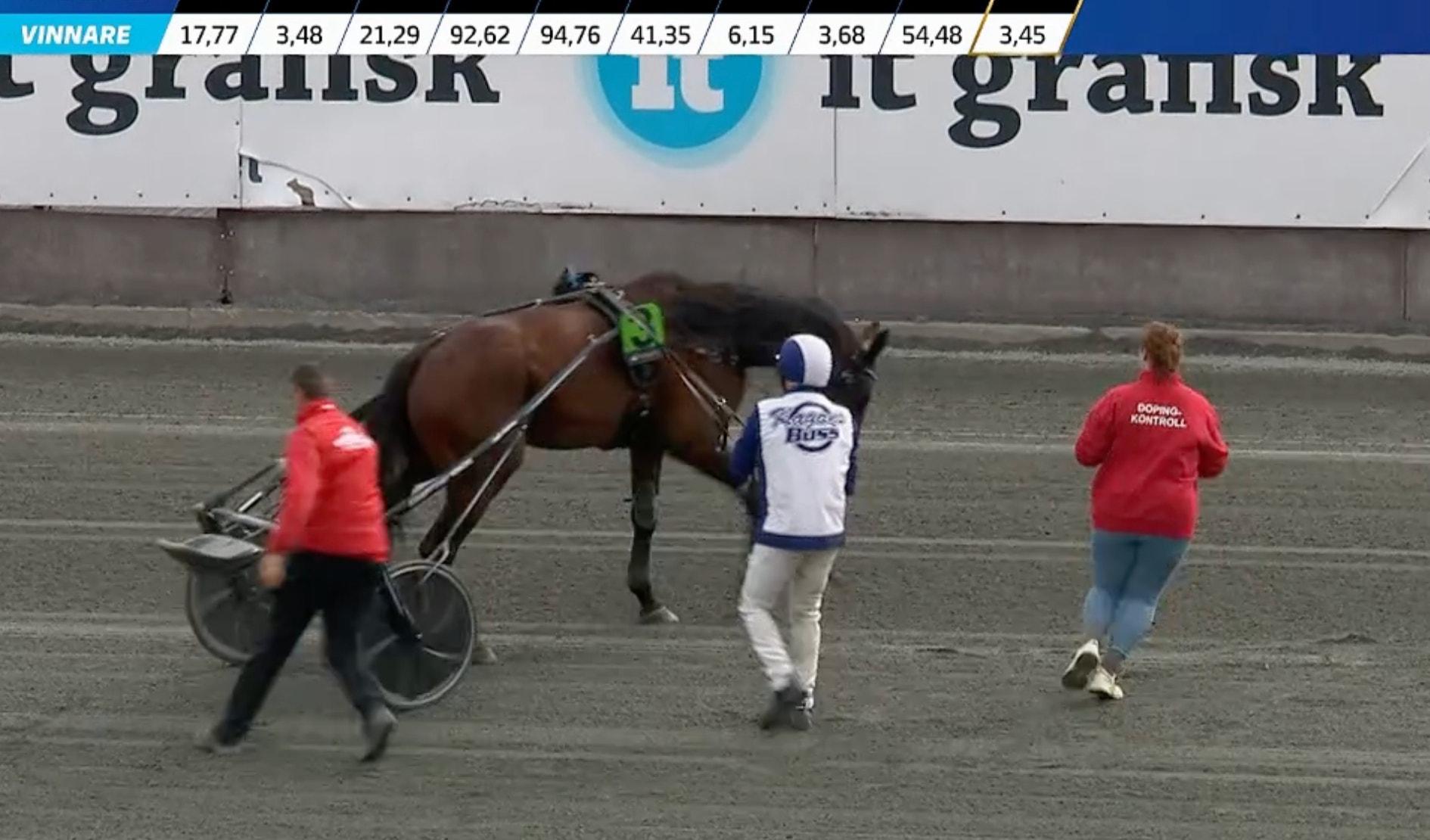 En häst med sulky och kuskar på en travbana under ett lopp. Personal i röda och vita kläder assisterar vid mållinjen.