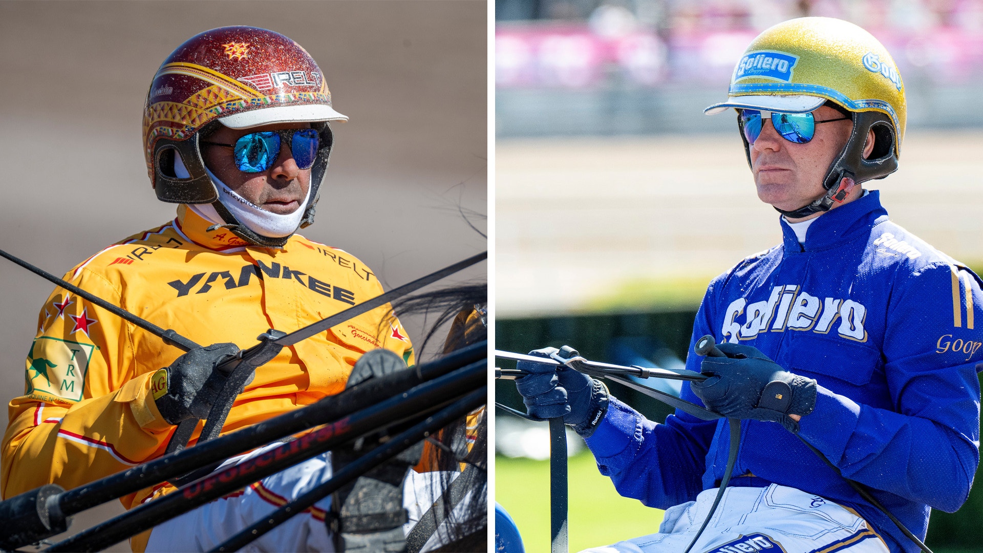 Två jockeys i full utrustning. Till vänster en jockey i gul tävlingsdräkt med mörkröd hjälm och blå solglasögon, och till höger en jockey i blå tävlingsdräkt med gul hjälm och blå solglasögon.