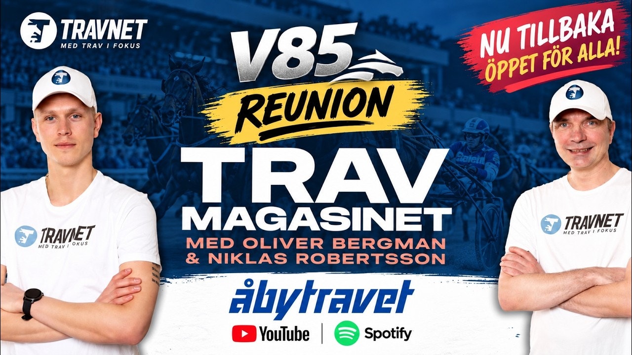 Reklambild för Travmagasinet med programledarna Oliver Bergman och Niklas Robertsson, med texten V86 Reunion och Åbytravet.