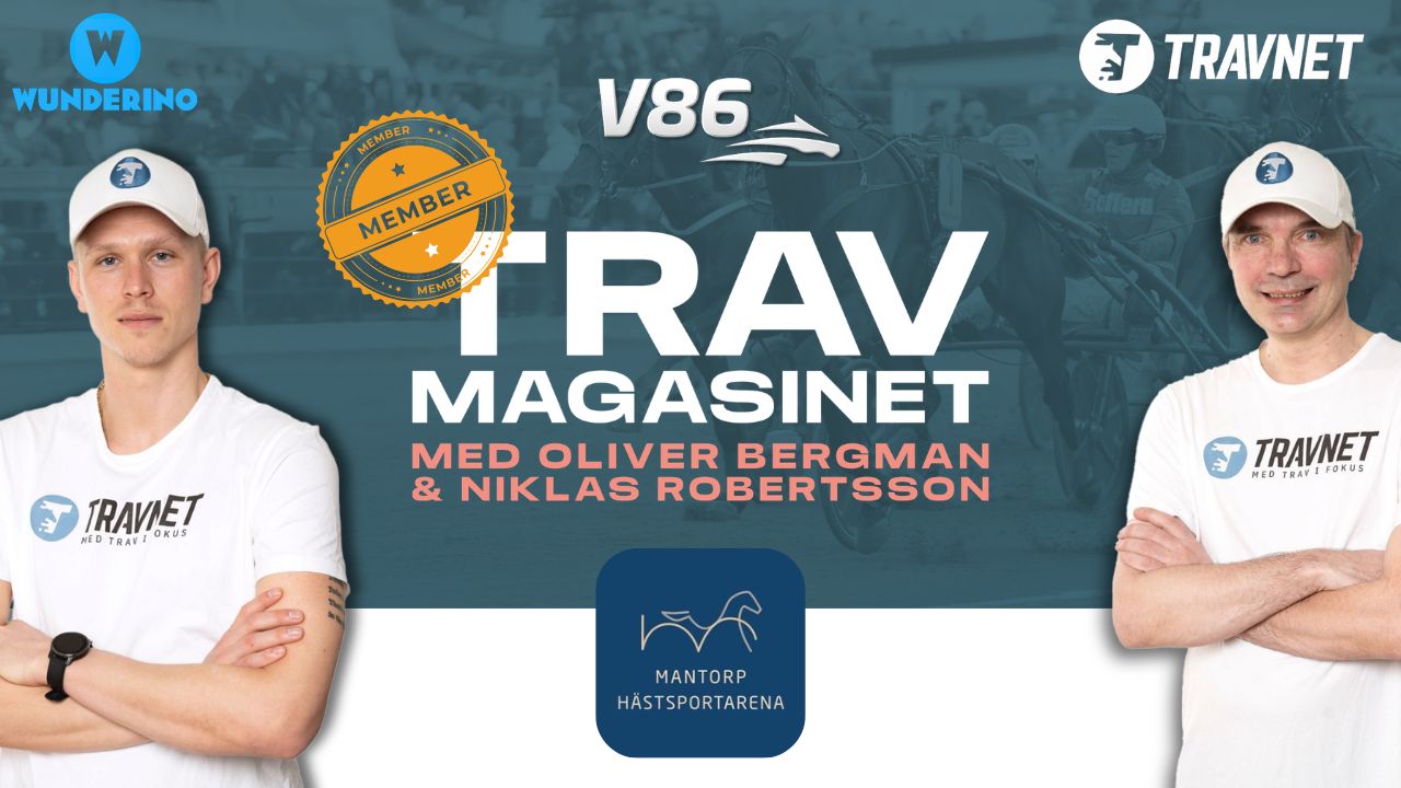 Två män i vita TRAVNET-tröjor presenterar Trav Magasinet tillsammans med logotyper för Wunderino, V86 och Travnet.