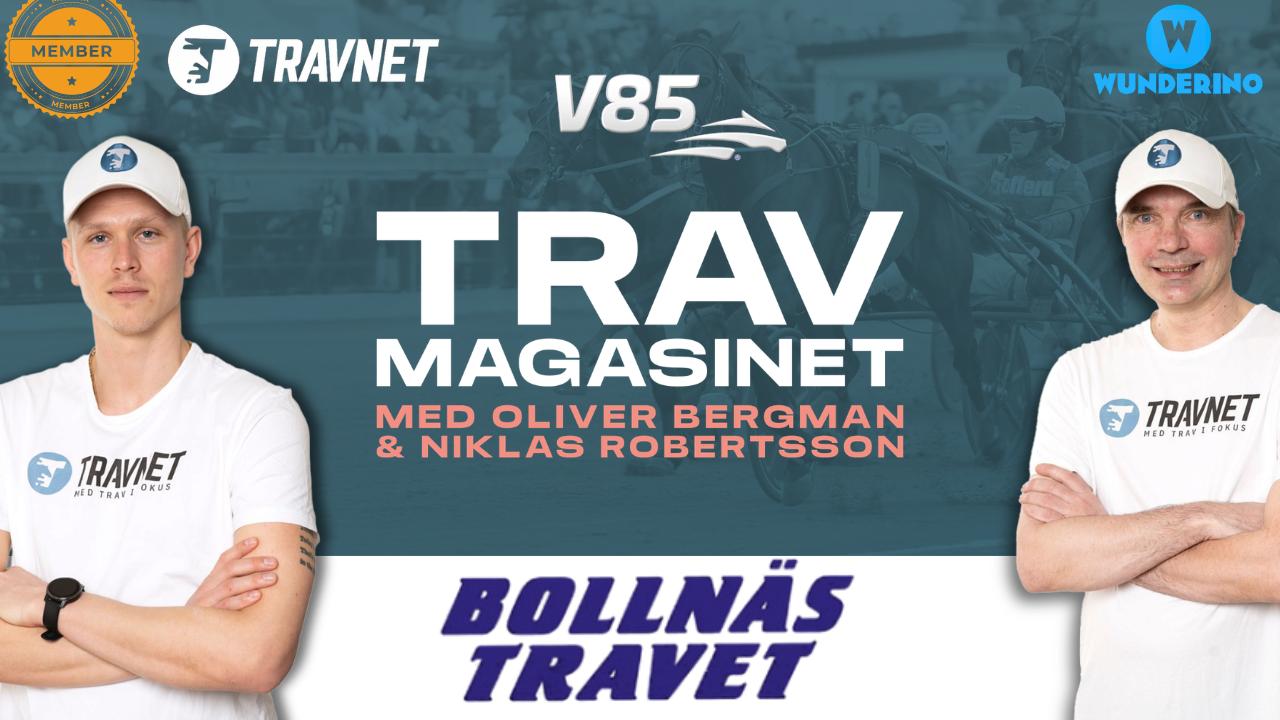 Två män i vita TRAVNET-kläder och kepsar presenterar V85 Travmagasinet med Oliver Bergman och Niklas Robertsson. Bollnäs Travet logotyp syns längst ned.