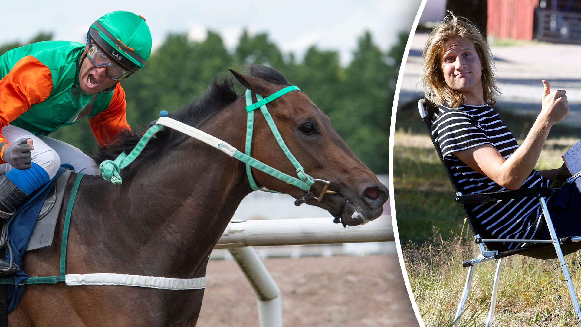 Sammansatt bild med två scener: en jockey rider på en häst under ett hästlopp, och en kvinna som sitter utomhus på en stol.