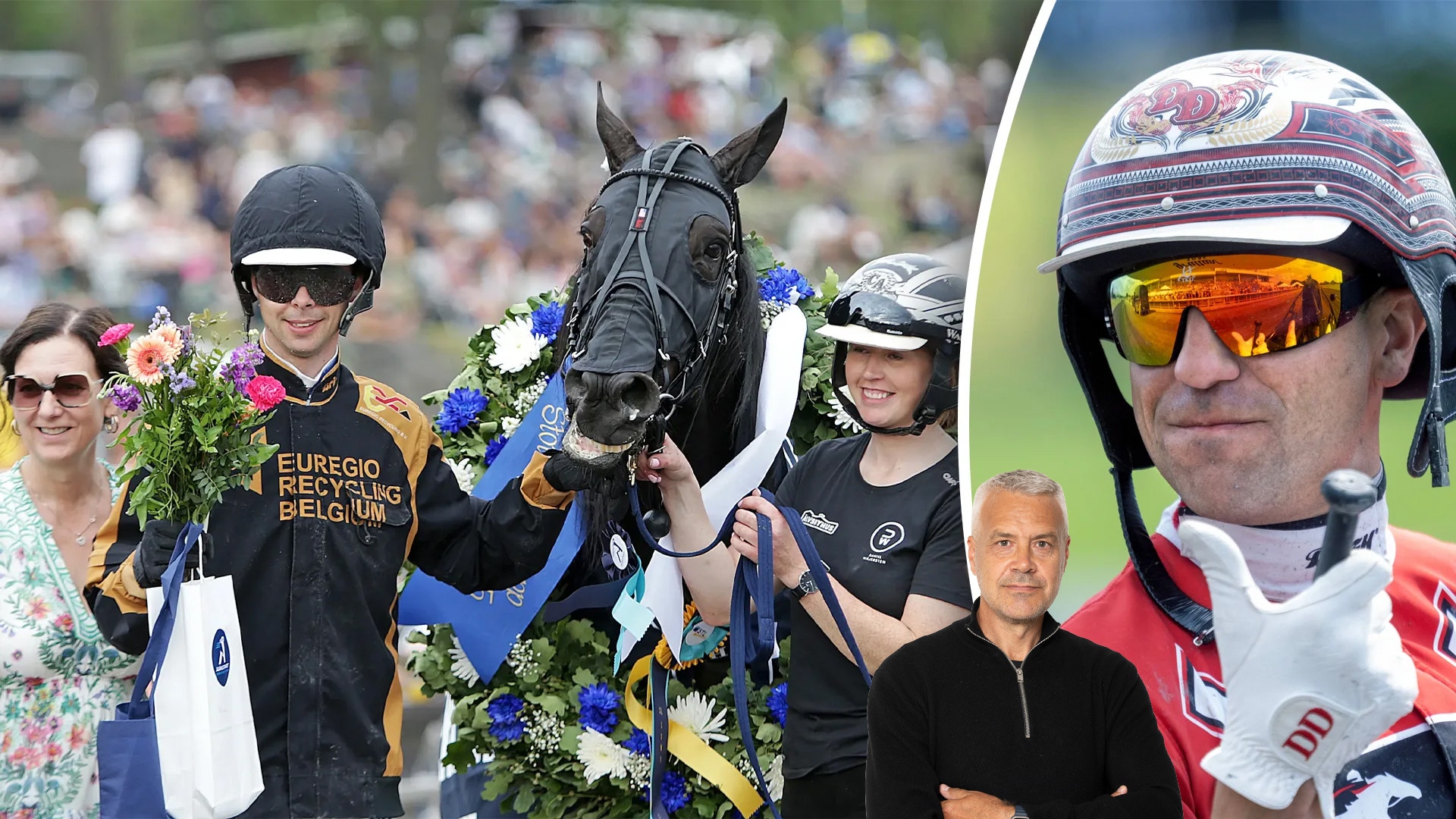 Collage med bilder från equestrianism-tävlingar. Visar ryttare på hästar, prisutdelningar med blommor och kransar, samt porträtt av ryttare i ridkläder och säkerhetsutrustning.