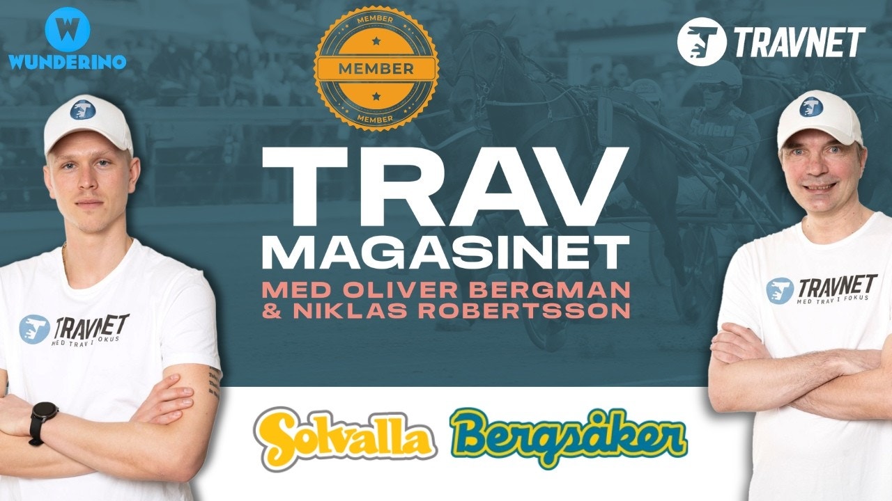 Två män i vita t-shirts med Travnet-logotyp och vita kepsar står bredvid varandra framför en blå bakgrund. Mellan dem syns texten "TRAV MAGASINET" med undertexten "Med Oliver Bergman & Niklas Robertsson". Logotyper för Wunderino, Travnet och Selalla Bergåker är synliga i bilden.