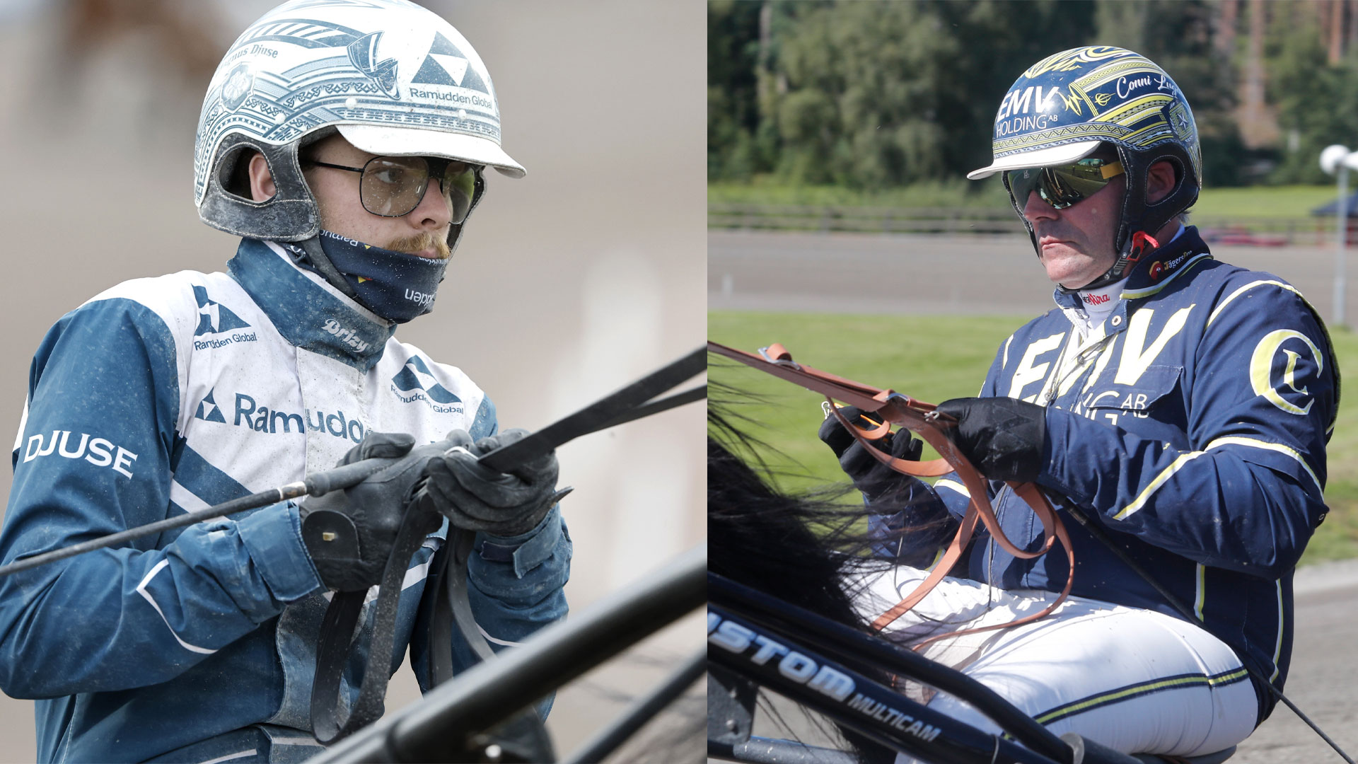 Två harnesskörare i racing-utrustning och hjälm. Till vänster en kör i blå och vit färger, till höger en kör i mörkblå och vit färger. Båda håller i tyglar till sina hästar.