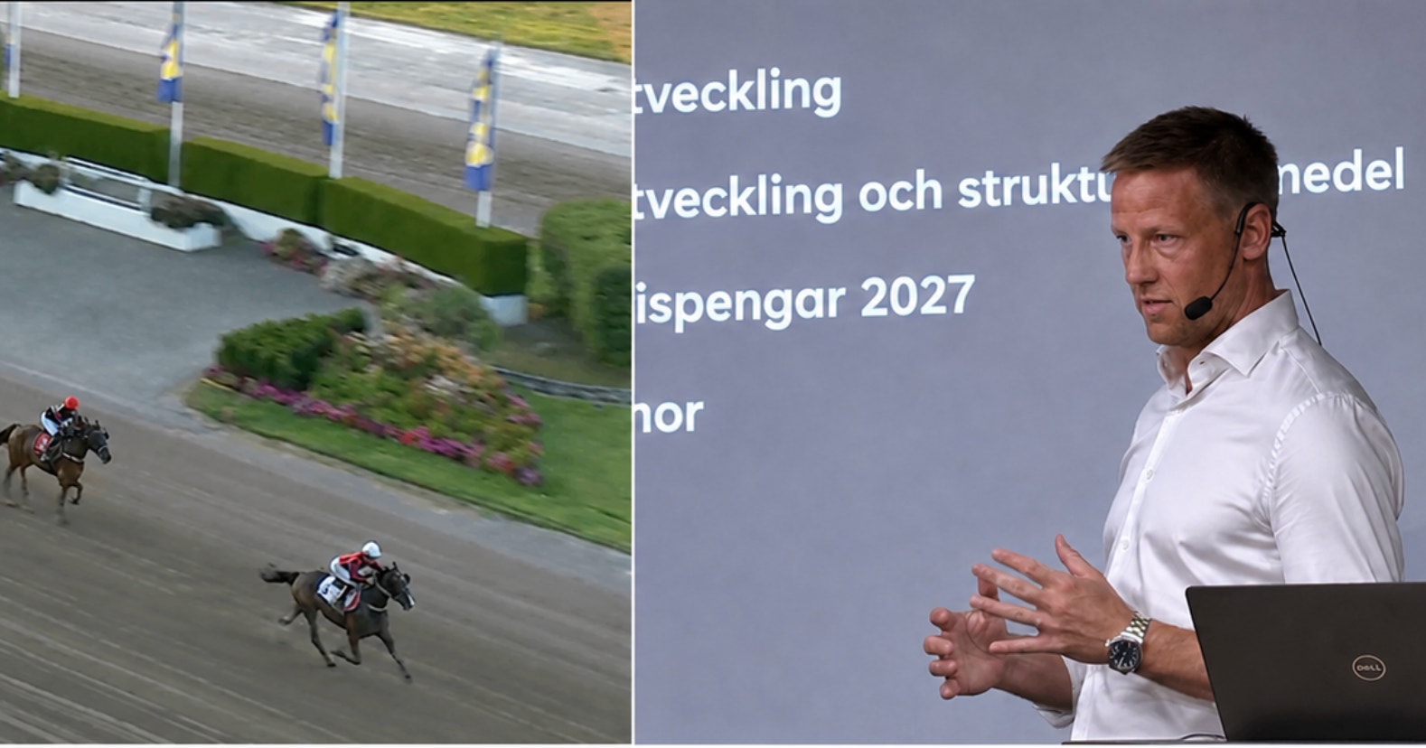 Sammansatt bild med två scener: till vänster hästkapplöpning på en bana, till höger man i vit skjorta som presenterar framför en skärm.