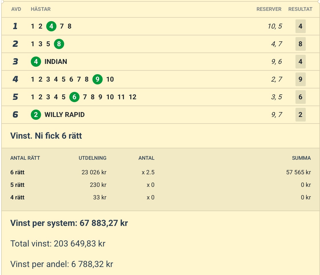 Skärmdump av en tabell med vadslagningsresultat. Tabellen visar sex rader med odds, nummer och resultat. Under tabellen visas en sammanfattning av vinster med olika oddsmultiplikatorer och totala vinstbelopp på 57 616,92 svenska kronor.