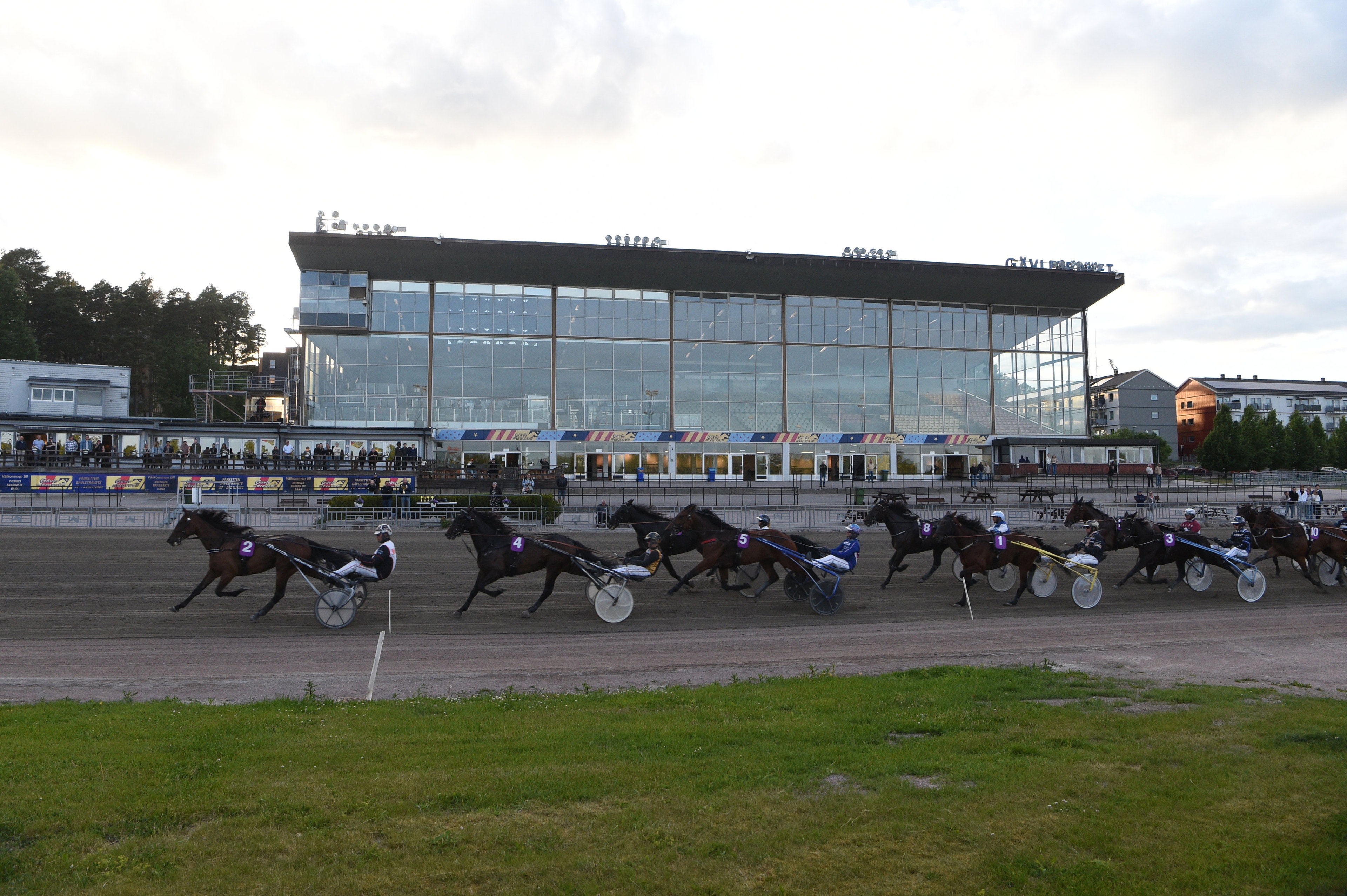 Travlopp på Gävletravets bana med flera hästar och kuskar i sulkyvagnar som tävlar på banan. En stor modern tribunbyggnad syns i bakgrunden.
