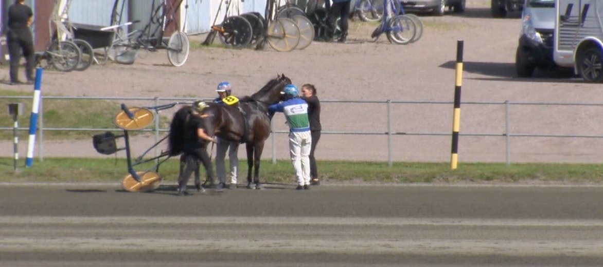 En häst med ryttare på en travbana, en person står bredvid hästen.
