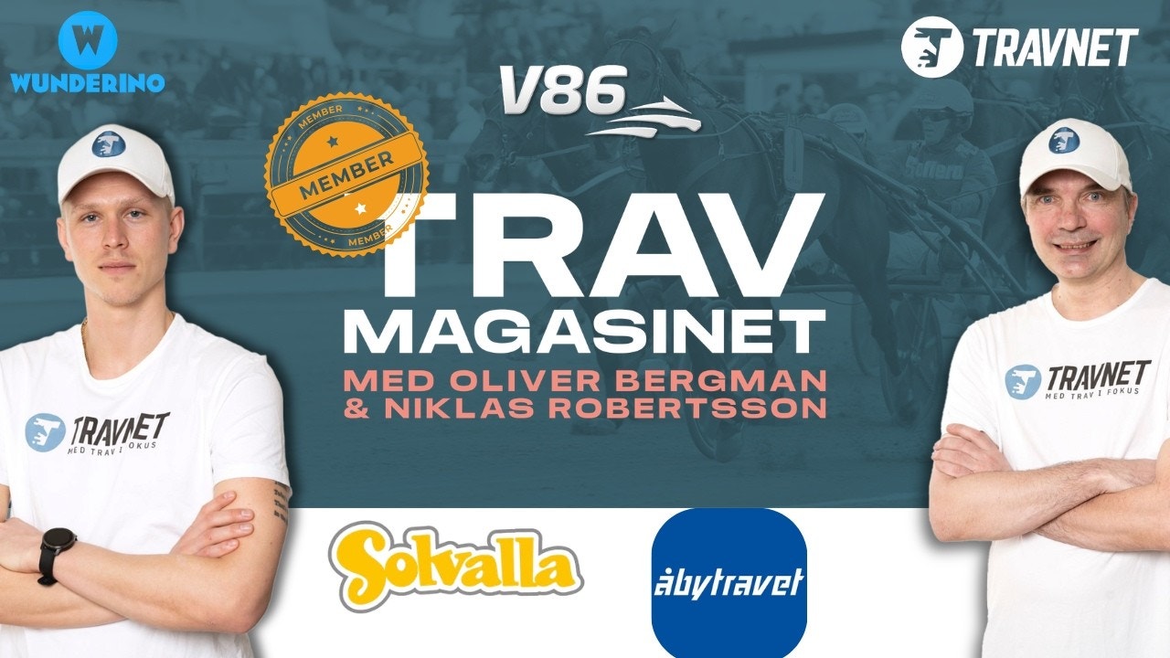 Miniatyrbild för Trav Magasinet med programledarna Oliver Bergman och Niklas Robertsson, omgivna av logotyper för bland annat V86, Travnet, Solvalla och Åbytravet.