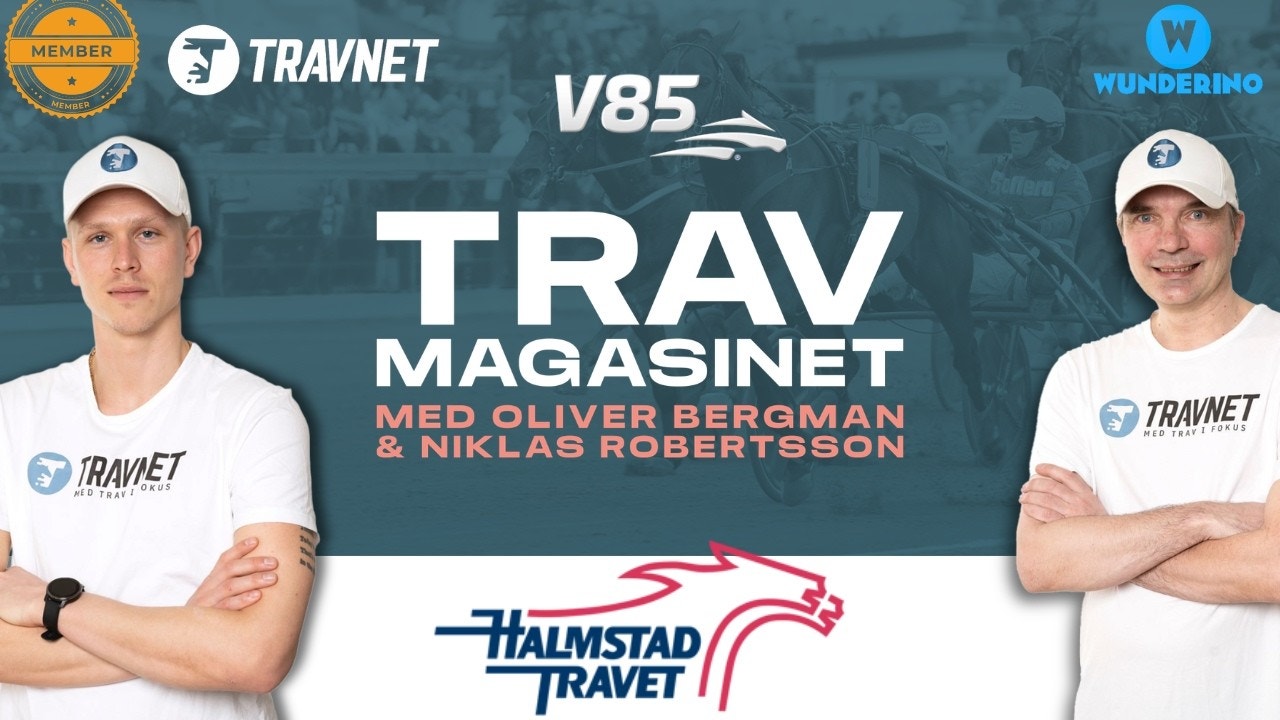 Två män i vita TRAVNET-tröjor presenterar Trav Magasinet. Bilden visar logon för V85, Travnet och Wundering, samt Halmstad Travs logotyp.
