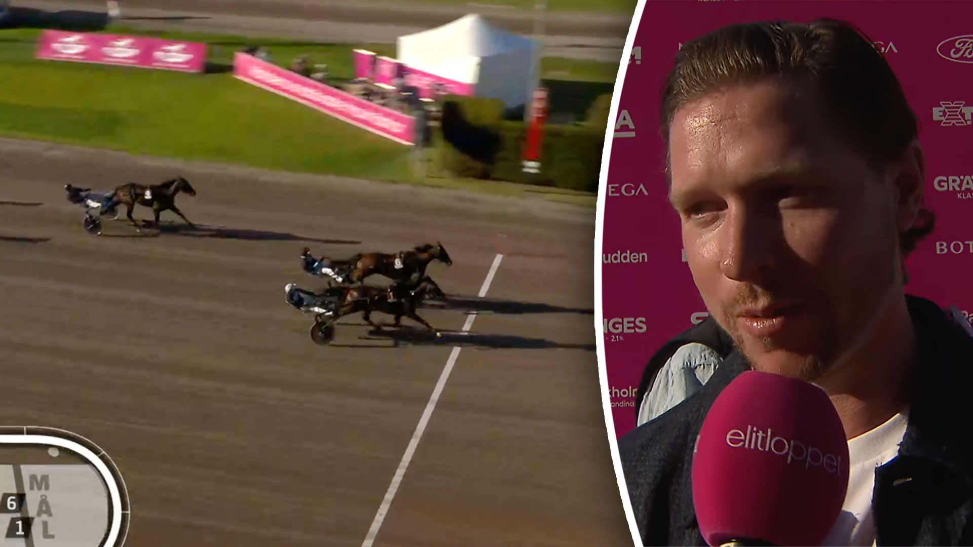 Split-screen bild med travlopp på vänster sida där två hästar springer på en travbana, och på höger sida en man som intervjuas framför en sponsorvägg.