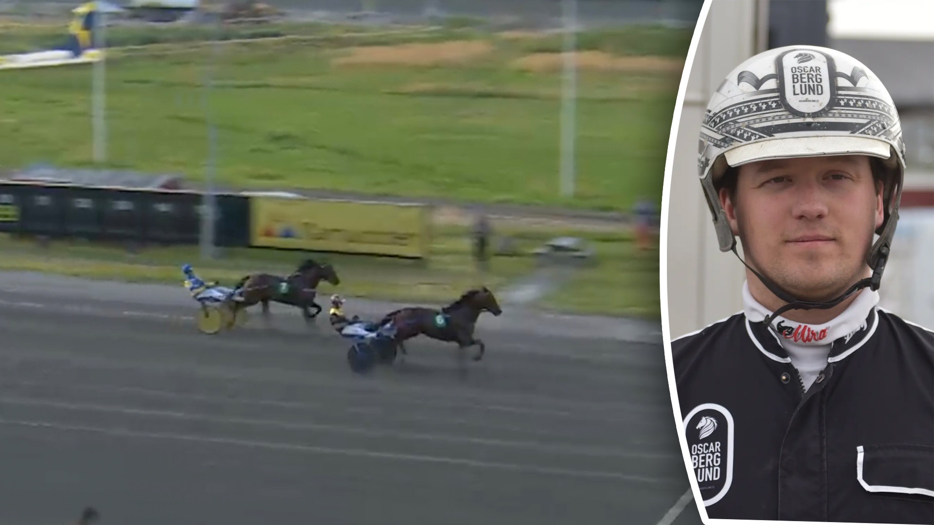 Sammansatt bild med travlopp på vänster sida där två hästar med kuskar kör på en racerbana, och porträtt av en man i cykelkläder med vit cykelhjälm på höger sida.