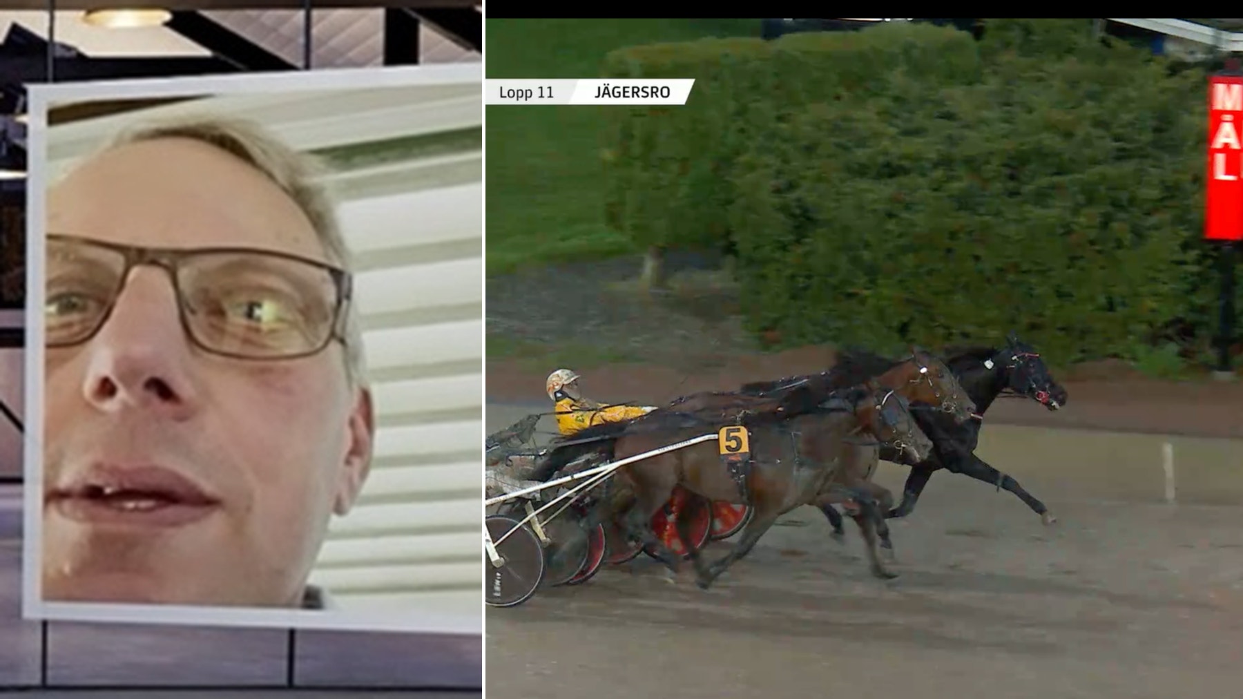 Delad bild. Till vänster ett närbildsporträtt av en man med glasögon och kort hår. Till höger två travhästar med kuskar i full fart på en travbana vid Jägersro.