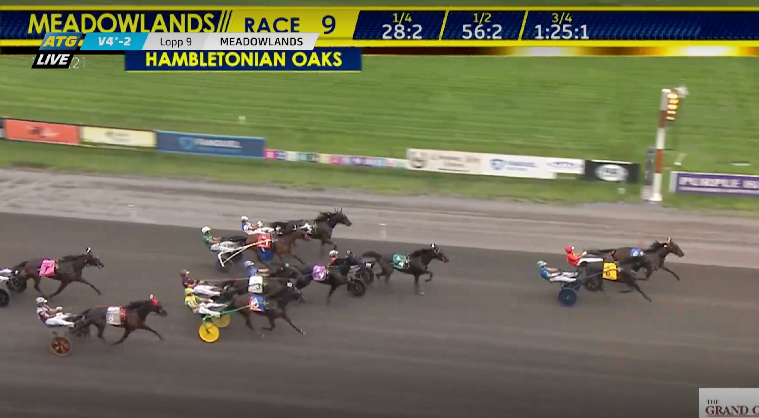 Hästkapplöpning på Meadowlands racerbana. Flera hästar med kuskar i sulkyvagnar tävlar på banan. Tävlingen är Race 9 Hambletonian Oaks enligt displayen överst på skärmen.